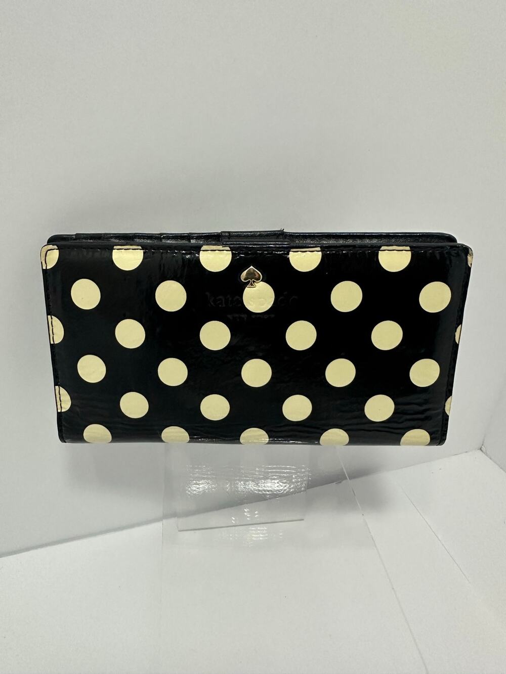 Kate Spade New York Black Cream Polka Dot Continental Wallet Patent Zip Pocket
